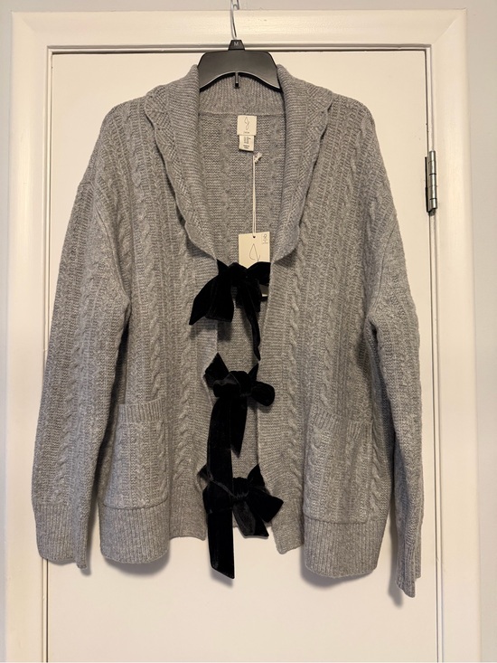 Joie Sweaters - Joie Gray Cable Knit Shawl Collar Cardigan with Black Velvet Bows